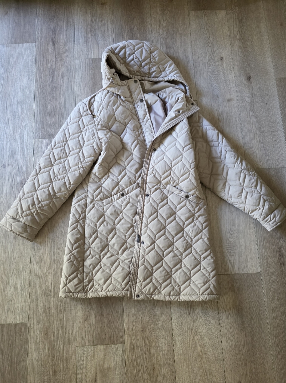 Quilted Hooded Puffer Coat in Light Beige